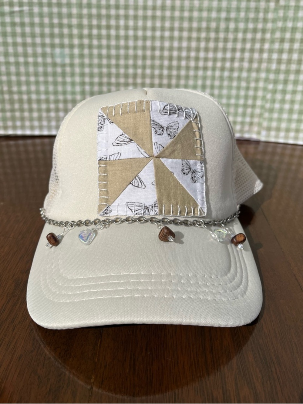 Patchwork Trucker Hat With Detachable Beaded Chain - Butterfly Pinwheel